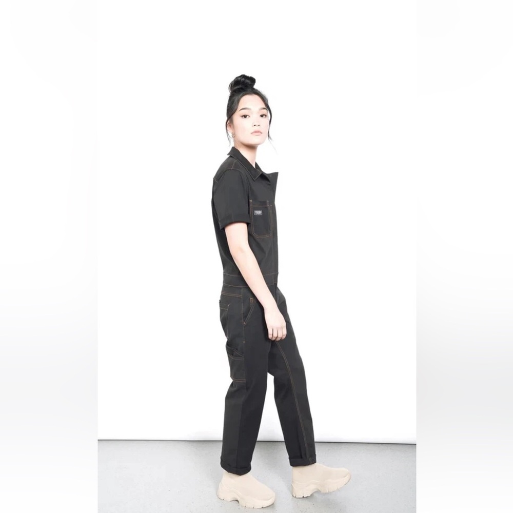 Wildfang Essential Short Sleeve coverall Black Brushed Cotton Yellow Stitches - Picture 2 of 7